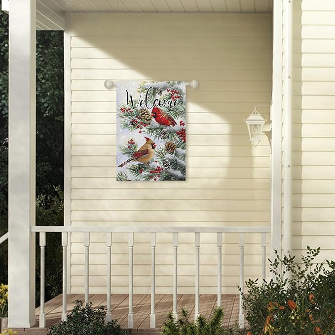 Welcome Winter Garden Flag Christma Cardinal Birds House Banner Red Bird Berry Trees Pine Snow Vertical Yard Flags Pinecone Wall Banners for Xmas Rustic Farmhouse 28 x 40 Inch