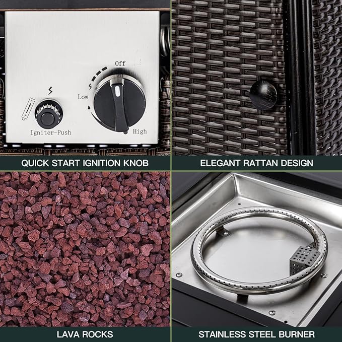 28 inch Wicker Propane Fire Pit Table,Gas Fire Pits Table for Outside,50000 BTU Propane Firepit with Lid &Lava Rocks,Gas Firepit for Garden,Yard (Brown Rattan)