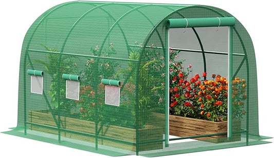 12×7×7 FT Greenhouses for Outdoors Heavy Duty, Large Walk in Green Houses for Outside with 6 Ventilated Mesh Windows & Roll-up Door & Reinforced Frame