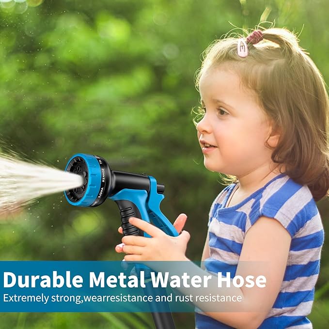 Stainless Steel 25FT Garden Hose with 10 Functions, Adjustable Spray Nozzle, Flexible Durable No Kink Leak Dog Proof Metal Water Hose for Yard Lawn