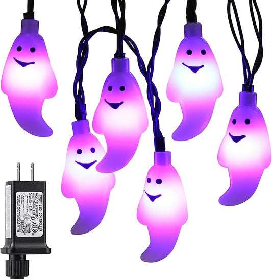60 LED Halloween String Lights - 20ft Purple Ghost String Light Plug in with Timer, 8 Modes, Extendable, Waterproof - Spooky Decor for Outdoor Garden Yard House Bedroom Holiday Party Decorations