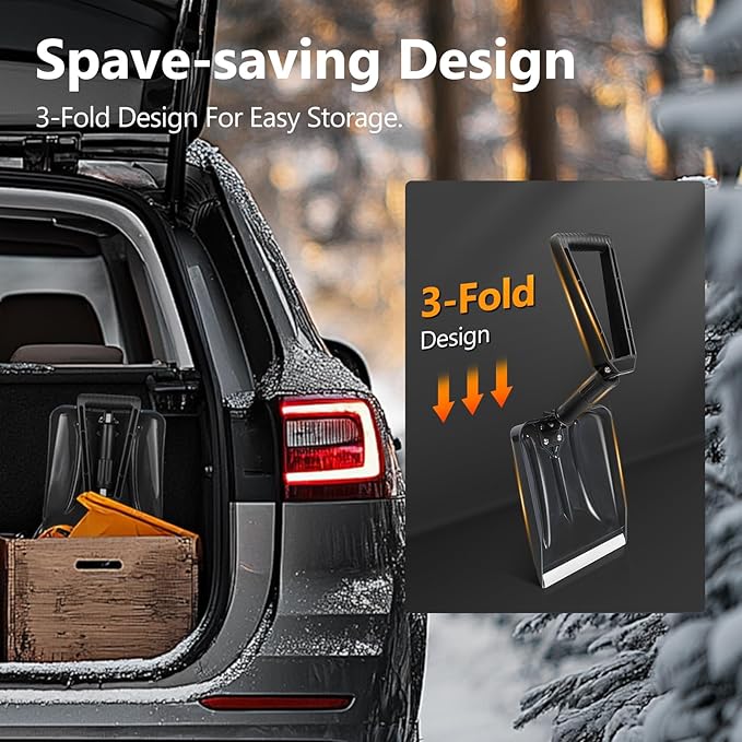 SHANTRA Folding Snow Shovel with Aluminum Edge, D-Grip Portable Shovel for Snow Removal, Lightweight Emergency Snow Shovel, Multifunctional Collapsible Shovel, Shovel For Car Driveway, Garden, Camping