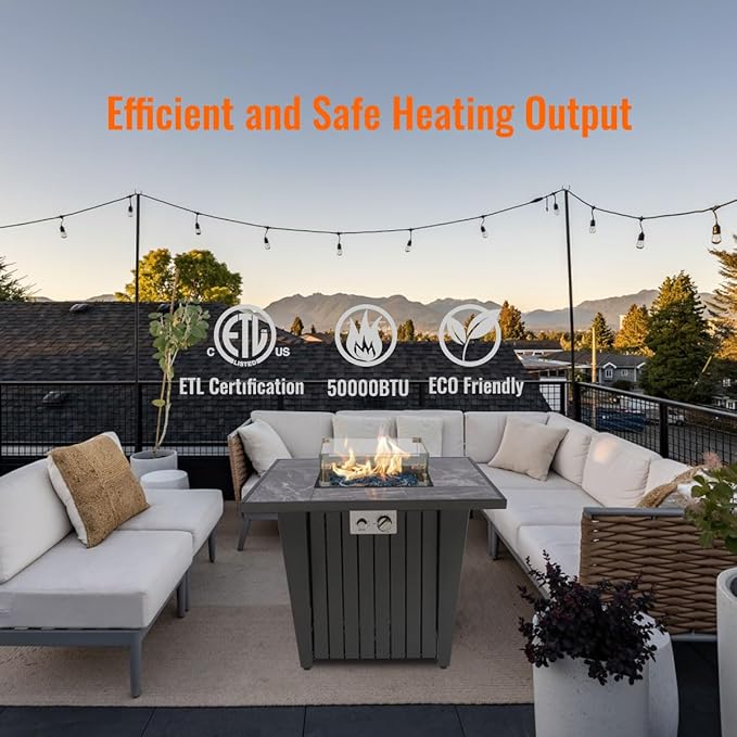 32'' Propane Fire Pit Table, Marble Tile Ceramic Tabletop with Glass Wind Guard, 50,000 BTU Fire Table with Inclined Leg and Art Powder Design, Blue Glass Rocks, Including Lid&Cover, Grey