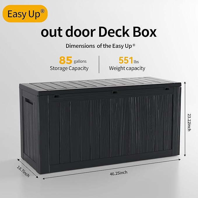 85 Gallon Deck Box Waterproof, Outdoor Storage Box Lockable for Patio Cushions, Garden Tools Accessories with Hydraulic Rod, UV-Resistant and Durable for Patio, Garden Use