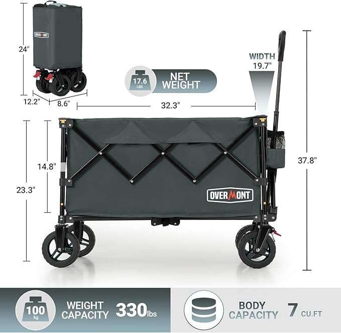 Overmont Ultra-Compact Collapsible Wagon Cart - 200L Portable Folding Wagon with All-Terrain Wheels Utility for Beach, Grocery Shopping, Camping, and Gardening – 330lbs Load Capacity Grey