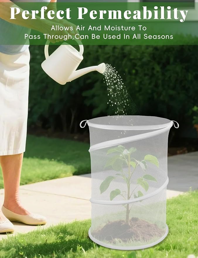 4 Pack Pop Up Plant Covers from Animals, 20" H X 13" D Insect Garden Covers, Round Foldable Mesh Plant Cover, Plant Protectors for Outdoor Plants, with Stakes and Labels (White)