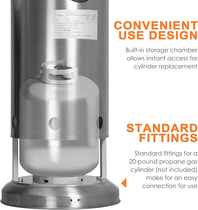 Nuu Garden Outdoor Propane Patio Heater, 46,000 BTU with Stainless Steel Burner and Wheels, Silver for Garden and Terrace