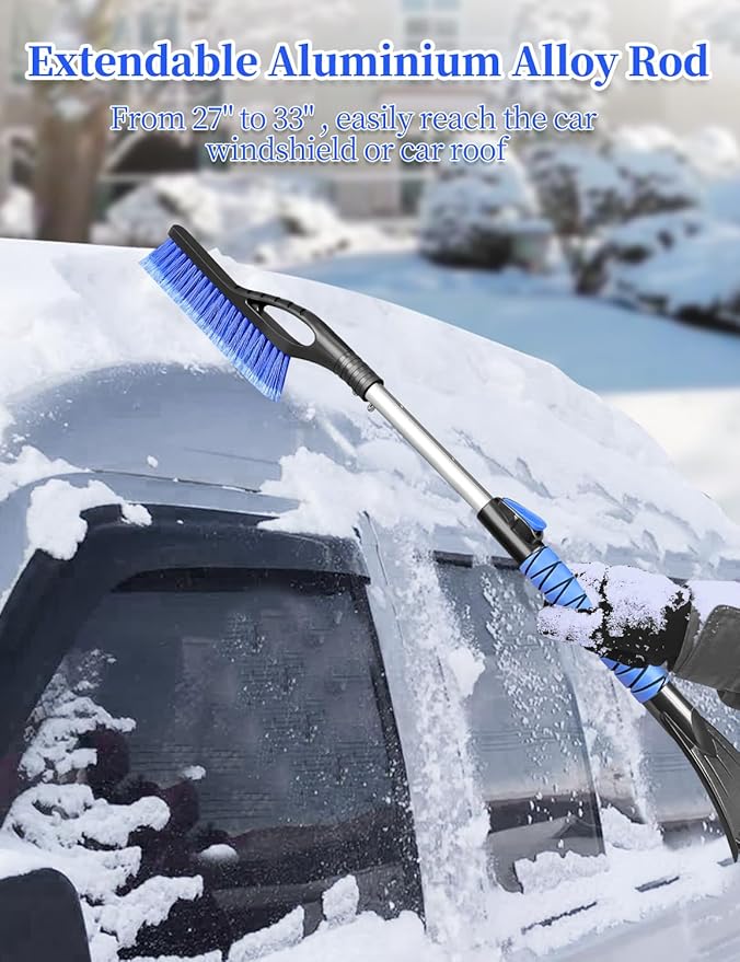 HEEYA Ice Scraper and Brush for Car, Extendable Snow Brush and Ice Scraper for Car Windshield Window, Car Snow Scraper and Brush with Foam Grip for SUV Truck Automobile Vehicle - Blue