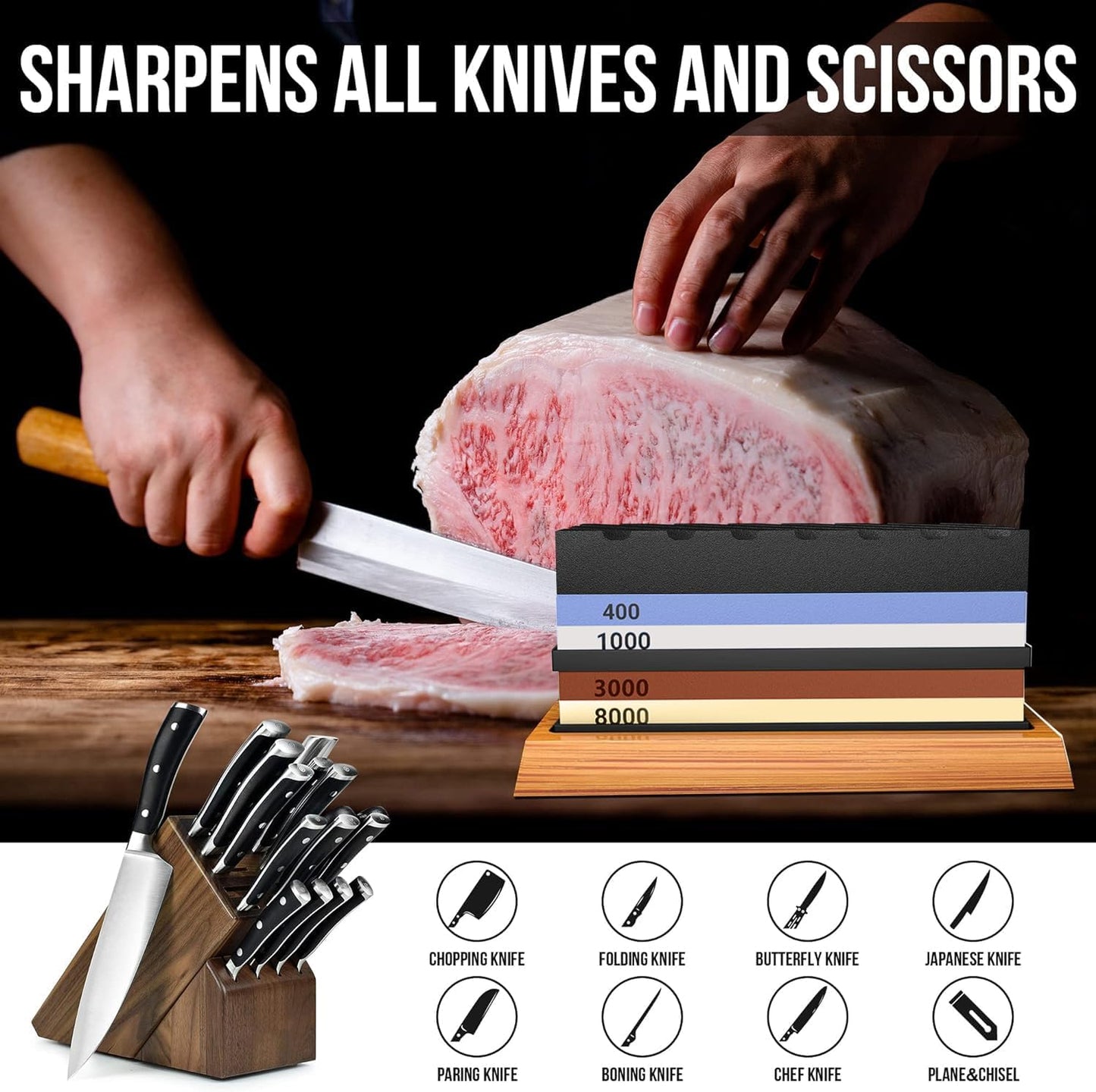Knife Sharpening Stone Kit, Premium 4 Side Grit 400/1000 3000/8000 Whetstone Knife Sharpener Tool, Non-Slip Bamboo Base,Cut Resistant Gloves, Angle Guide