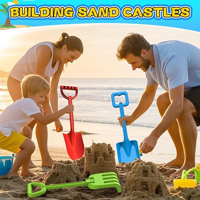 Jumbo Beach Shovels Rake Spade Toys Set for Kids, 16" Long Handle ABS Plastic Sand Scoop, 3 Pack Planting Summer Winter Travel Gift for Mud Sand Snow Digging, Backyard Gardening Tool Accessories