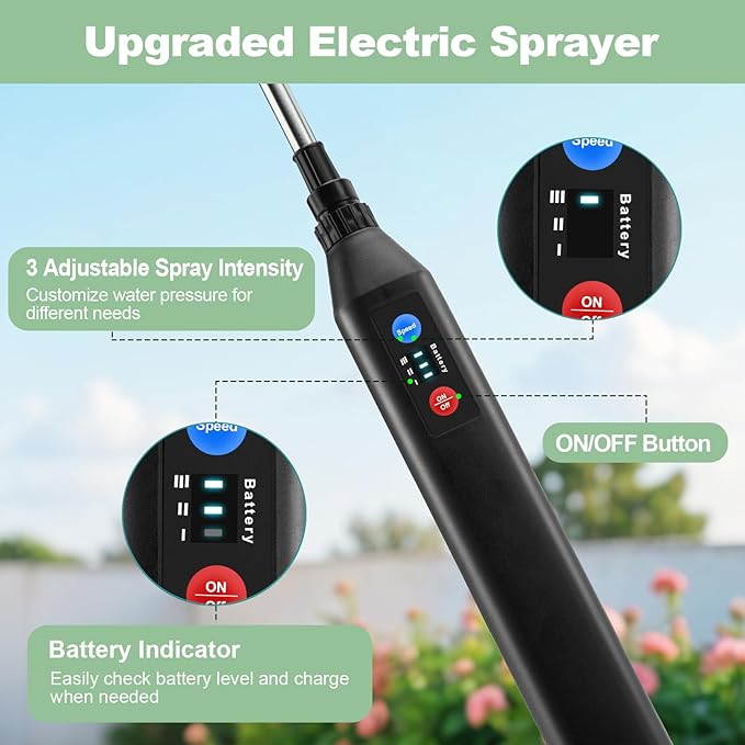 Battery Powered Sprayer 1.35Gallon/5L, 2025 Upgraded Electric Sprayer in Lawn and Garden with 3 Adjustable Force, Battery Indicator, Rechargeable Handle, Telescopic Wand,3 Mist Nozzles,Shoulder Strap