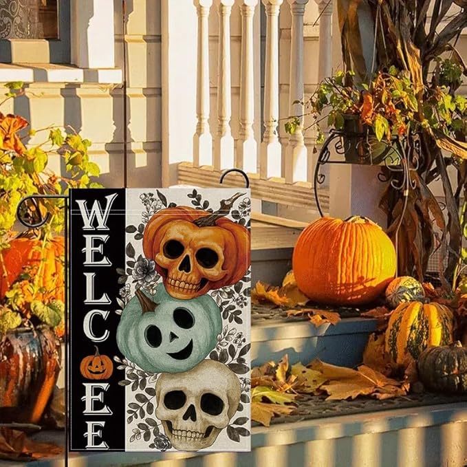 Halloween Garden Flag 12x18 Inch Double Sided, Skull Pumpkin Welcome Yard flag, Spooky Outdoor Party Decoration for Porch, Patio, Lawn, Garden, Indoor & Outdoor Halloween Décor