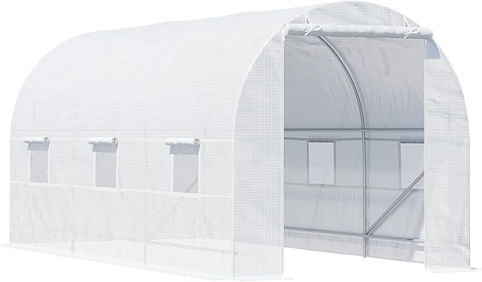 Outsunny 15' x 7' x 7' Walk-in Tunnel Greenhouse, Large Garden Hot House Kit with 6 Roll-up Windows & Roll Up Door, Steel Frame, White