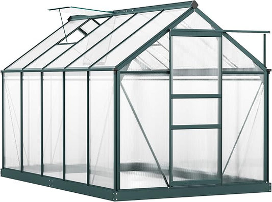 Outsunny 6' x 10' Greenhouse for Outdoors, Polycarbonate Greenhouse with Rain Gutter and Roof Vent, Aluminum Walk-in Green Houses for Outside for Patio Backyard Garden, Dark Green
