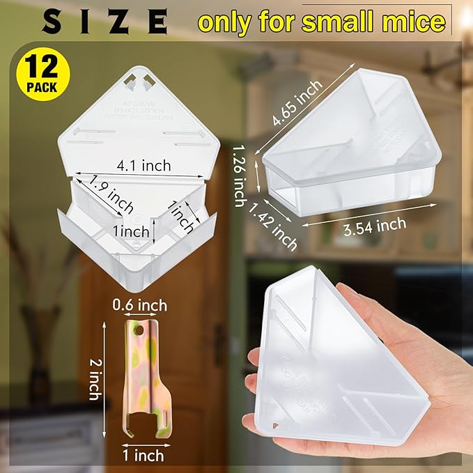 Qualirey 12 Pcs Mice Station with Key Triangle Bait Station Reusable Rodent Trap Bait Box, Keeps Children and Pets Safe Indoor & Outdoor, Bait Not Included, Suitable for Small Mice (Translucent)
