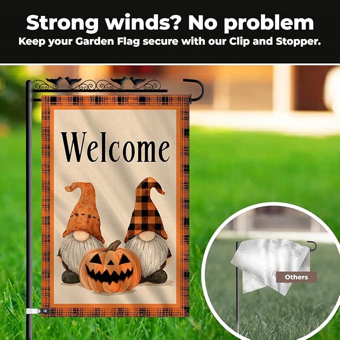 Welcome Halloween Garden Flag with Gnome and Pumpkin – 12x18 Double Sided Burlap Halloween Flag for Outside – Fall Yard Decor for Garden or Porch