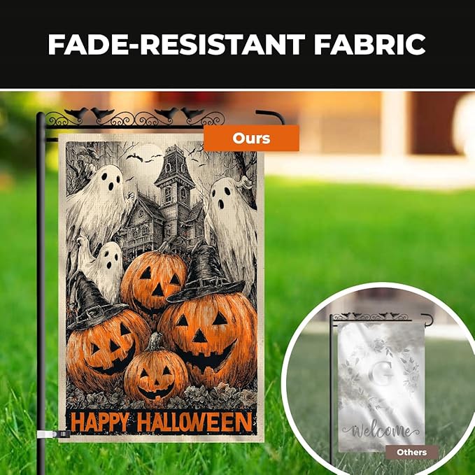 Halloween Garden Flag 12x18 Double Sided – Happy Halloween Flag for Outside, Spooky Ghosts, Pumpkins & Haunted House Yard Flag Decor for Fall Outdoor Display
