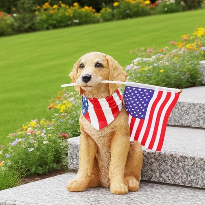 Cynkeyee Outdoor Garden Decor Dog Statue - Large Resin Puppy with American Flag Statues Sculpture for Outside Yard Lawn Home Decor Americana Patriotic Decorations 12.5x8.5x13.5 Inch