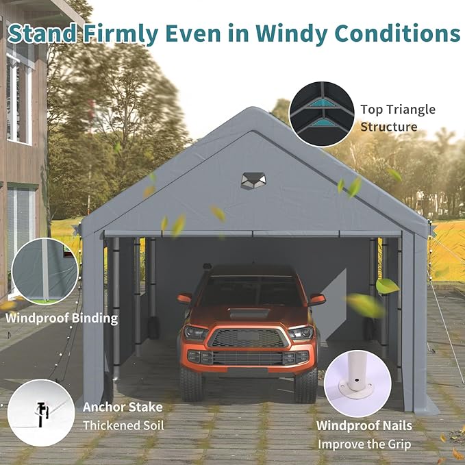 12x20FT Heavy Duty Carport Canopy,Extra Large Portable Car Tent Garage with Roll-up Windows and All-Season Tarp Cover,Removable Roof&Side Walls for Car,SUV,Boats&Truck Shelter Logic Storage