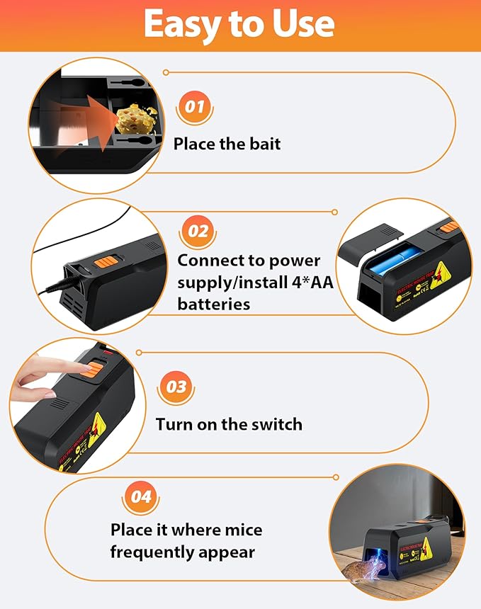 2 Pack Electric Mouse Trap Zapper with Powerful Voltage, Effective Electronic Mouse Traps Indoor for Home, No-Touch Disposal, Reusable Mice Catcher for Kitchen, Living Room, Garage and More (2, Black)