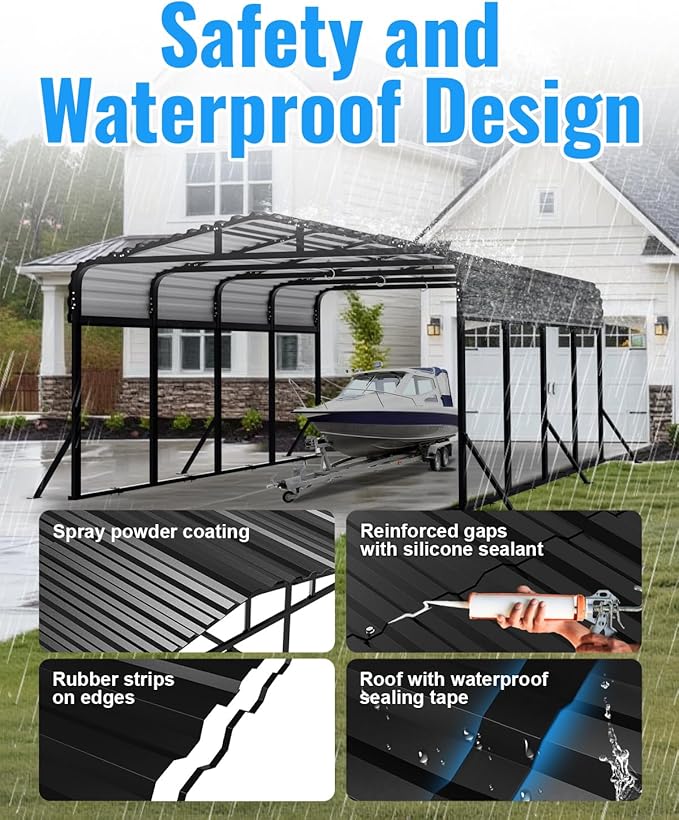 12x20 FT Metal Carport, Heavy Duty Carport with Reinforced Frame & Side Support Poles for All-Weather, Outdoor Car Port Suitable for Parking Pickup, Boat, Car, and Tractor