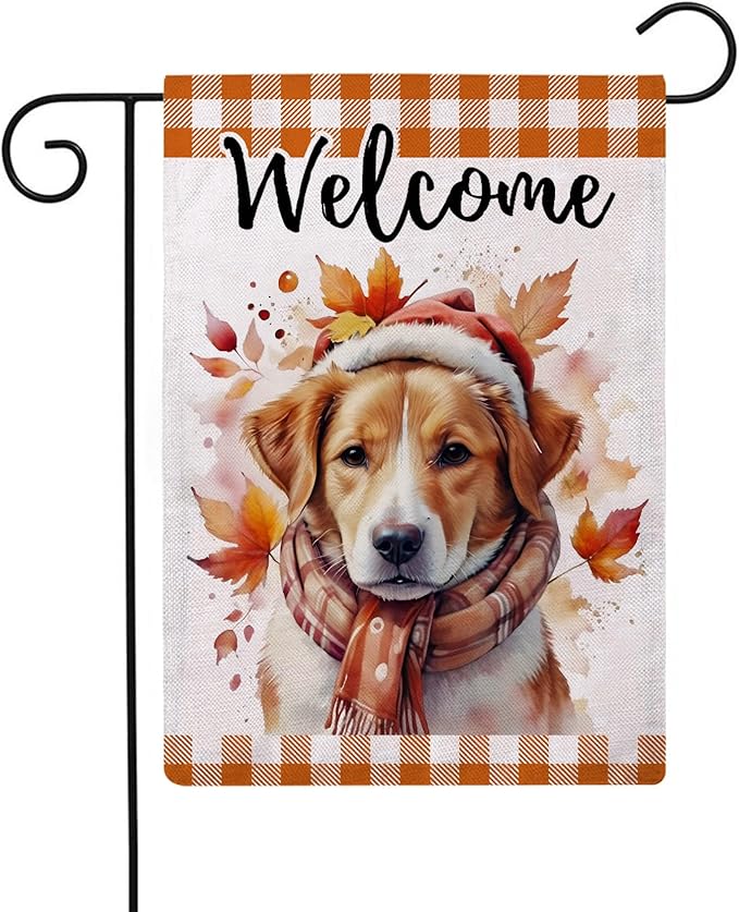 Autumn Dog Garden Flag with Falling Maple Leaves Design Double Sided Farmhouse Welcome Decorative Small Burlap Flags 12.5 x 18 Inch for Fall Harvest Thanksgiving Decor (Orange)