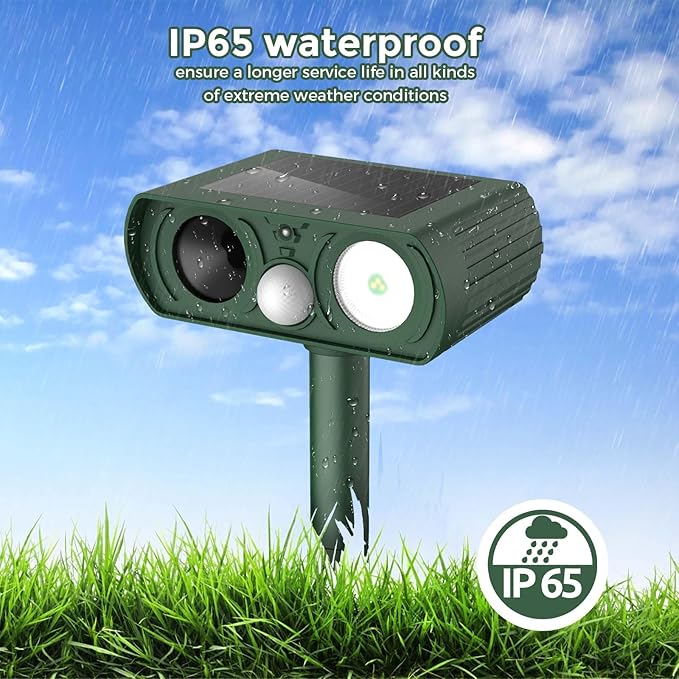 Upgraded Solar Ultrasonic Animal Repellent Outdoor, Deer Repellent Devices Motion Detection, Waterproof Cat Squirrel Skunk Raccoon Dog Bird Deterrent with Flash Lights for Yard Farm Garden Patio