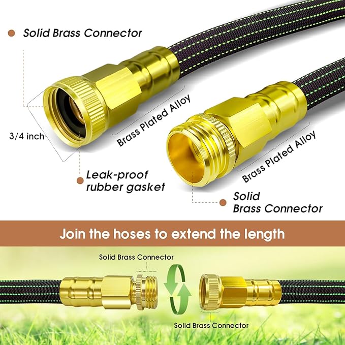 30FT Lightweight Garden Hose,Flexible Water Hose with Solid Brass Head,Kink-Free,Collapsible Hose,High Pressure Flat Water Hose for RV,Boat,Car Wash,Garden,Yard,Camper (GreenBlack, 30FT+Nozzle)