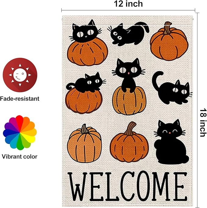 Halloween Garden Flag 12 x 18 Inch Double Sided Cute Cat Pumpkin Designs Fall Autumn Burlap Yard Flag for Outside Rustic Yard Outdoor Holiday Home Decoration