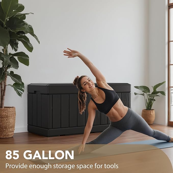 Devoko 85 Gallon Deck Box Lockable Resin Outdoor Storage Box waterproof Outdoor Container for Patio Furniture Cushions, Pillow (Black)