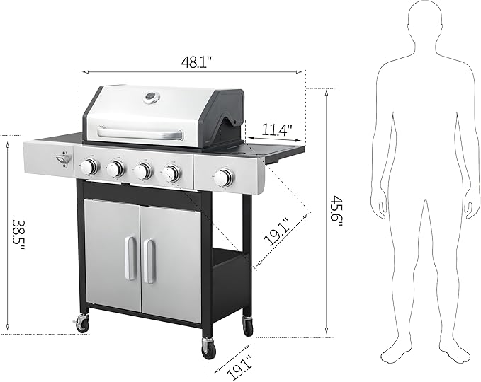 4-Burner Propane Gas Grill With Side Burner, 34,200 BTU Outdoor BBQ Grill with Stainless Steel Warming Rack & Enameled Cooking Grids – Foldable Side Tables, Built-in Thermometer – Heavy-Duty 6" Wheels