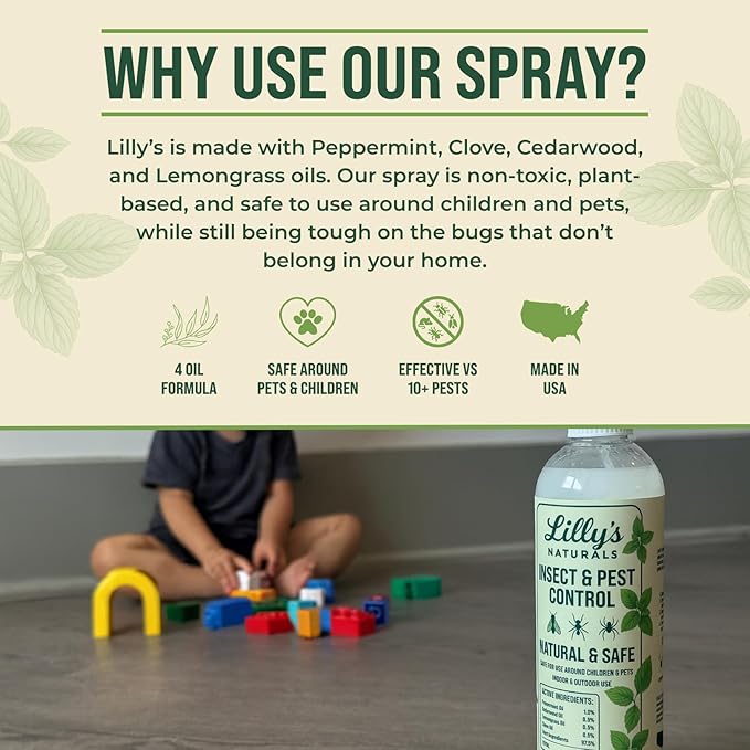 Peppermint Oil Spray for Bugs | Insect Repellent for Indoor & Outdoor Pest Control | Bug, Spider, Rodent, Ant Killer | Natural Plant-Based Pet Friendly Bug Repellent | Lilly's Naturals, 16 oz