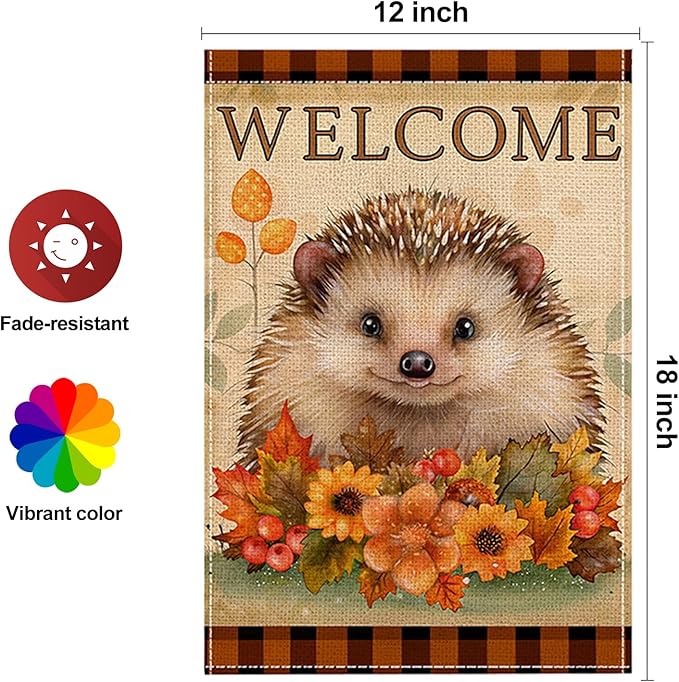 Fall Garden Flag 12 x 18 Inch Double Sided Cute Hedgehog Maple Leaves Sunflower Designs Autumn Burlap Yard Flag for Outside Rustic Yard Outdoor Holiday Home Decoration