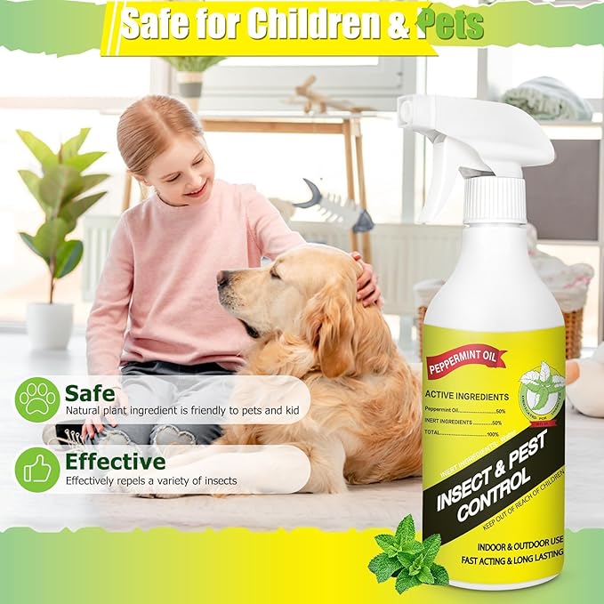 16 oz Peppermint Oil Insect & Pest Spray, Natural Plant-Based Peppermint Oil Spray for Bugs, Mice, Spiders, Ants, and More, Indoor Bug Spray for Home Kitchen
