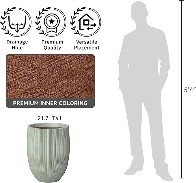 Kante Round Fluted Concrete Planter, 16.9-Inch Dia Barrel-Style Pot with Drainage Hole, Mint Green Finish with Warm Brown Interior, 13.7" Opening, for Indoor and Outdoor Use