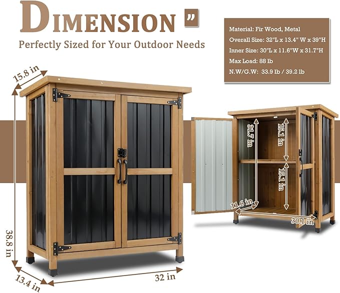 Weatherproof Outdoor Storage Cabinet with Lockable Doors, Wood & Metal Garden Storage Shed Patio Storage Box for Tools & Lawn Equipment, Pool Accessories