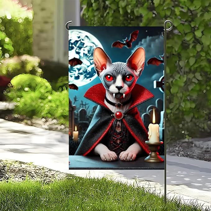 Halloween Garden Flag 11.81 x 17.72 Inch Vampire Sphynx Cat with Red Eyes Fangs Bats Full Moon and Graveyard Outdoor Yard Decoration for Holiday Party