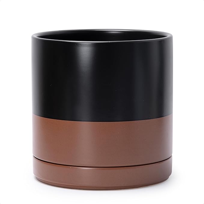 D'vine Dev 10 Inch, Ceramic Planter Pot with Drainage Hole and Saucer, Indoor Cylinder Round Planter Pot, Black/Speckled Tan, 94-O-E-7