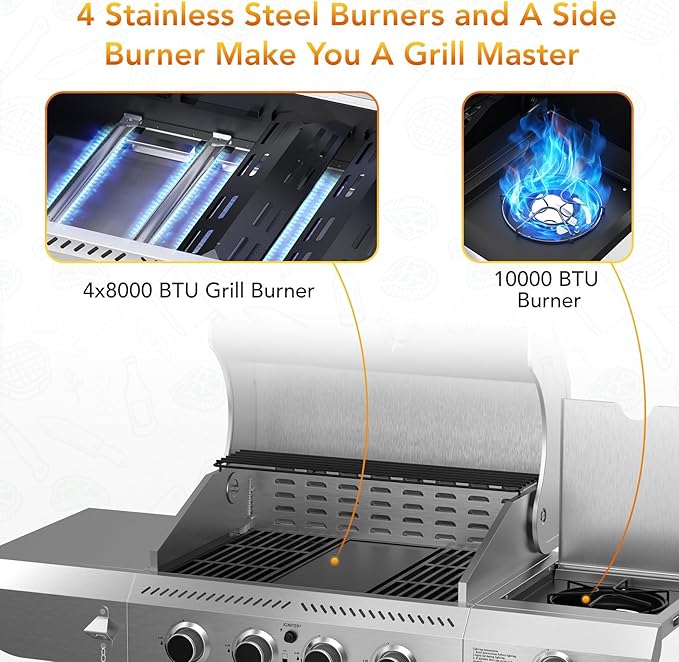 G41 Pro Gas Grill,Heavy-Duty Stainless Steel BBQ Grill,4 Burner Gas Grill with Side Burner,42000 BTU Propane Grill for Outdoor Cooking,Barbecue,Garden and Patio Backyard