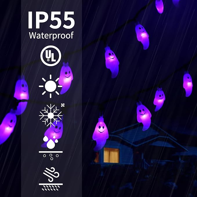 60 LED Halloween String Lights - 20ft Purple Ghost String Light Plug in with Timer, 8 Modes, Extendable, Waterproof - Spooky Decor for Outdoor Garden Yard House Bedroom Holiday Party Decorations