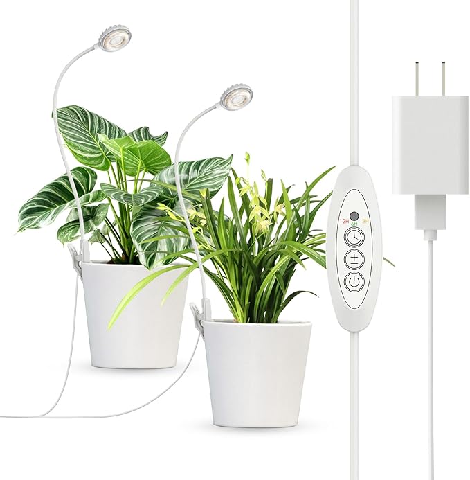 Grow Lights for Indoor Plant Growing, 2 Lamp Heads One Plug LED Clip Plant Light, 4000K Full Spectrum 4-Level Dimmable, Auto On Off Timing 3 6 12 Hrs Small Plants, White 14W