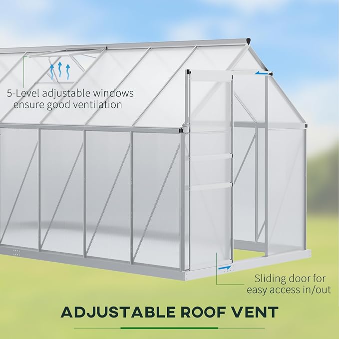 Outsunny 12' x 6' x 6.5' Polycarbonate Greenhouse with Aluminum Frame, Walk-in Heavy Duty Greenhouse with Adjustable Roof Vent, Rain Gutter and Sliding Door for Winter, Silver