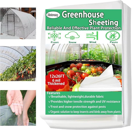 12FTx26FT Greenhouse Plastic Sheeting, 6 Mil Thick Clear Polyethylene Film, Waterproof Wind Frost Dust UV Resistant Green House Plastic Covering for Outdoor Plant, Garden, (12ft x 26ft)
