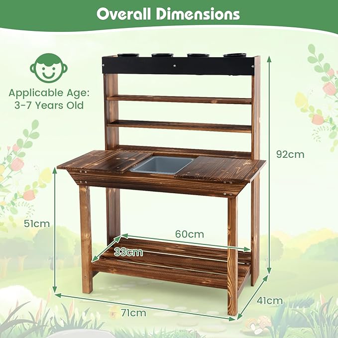 HONEY JOY Mud Kitchen, Fir Wood Kids Potting Bench Table, Removable Sink, 4 Planting Cups, Chalkboard, Outdoor Play Kitchen for Toddlers, Garden Time Mud Kitchen for Kids Outdoor Backyard