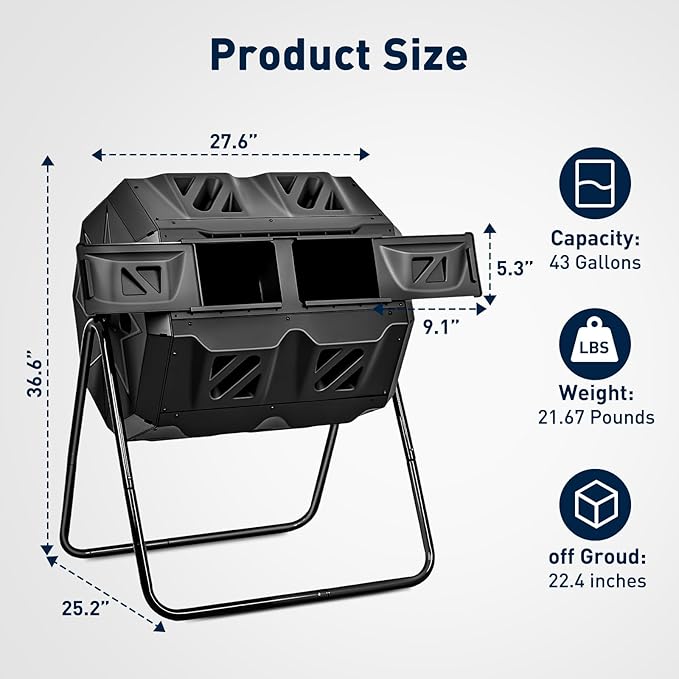 Yesker Dual Chamber Compost Bin Outdoor, 43 Gallon Rotating Tumbling Composter with Sliding Doors, Fast Assembly for Garden, Backyard & Kitchen Waste
