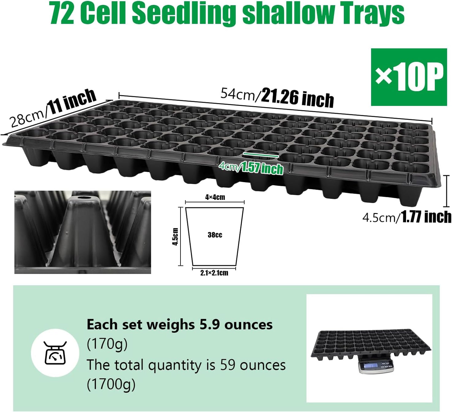 72 Cell Seed Trays, Thick Durable 72 Cell Plug Tray Seedling Plastic Nursery Tray for 1020 Flat Germination (10-Pack, 21"×11", 1.81" Height, Low)