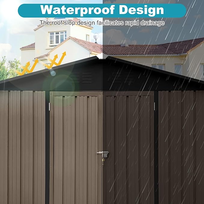 8x6 FT Outdoor Storage Shed, Metal Tool Shed with Lockable Doors, Peaked Roof & Frame Floor, Garden Shed with Vented Design for Backyard Garden Patio Lawn, Brown + Black
