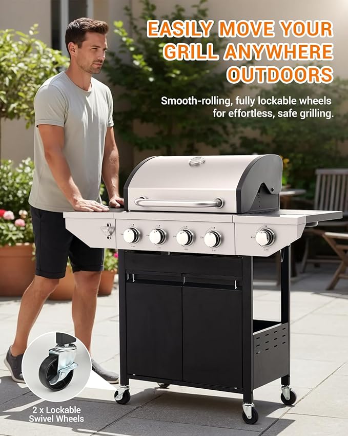 4-Burner Propane Gas BBQ Grill with Side Burner, 46,500 BTU Output Stainless Steel Barbecue Grill with Enameled Cast Iron Grates and Side Tables for Outdoor Cooking Kitchen and Patio Backyard