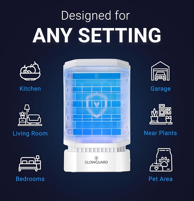 GlowGuard Cordless Flying Insect Trap Catches Fruit Flies, Indoor Gnat Killer, Magnet for Moths & Mosquitos in Dark, 1 Rechargeable Bug Trap + 4 Dual-Sided Sticky Pad Refills, 30hr Battery (White)