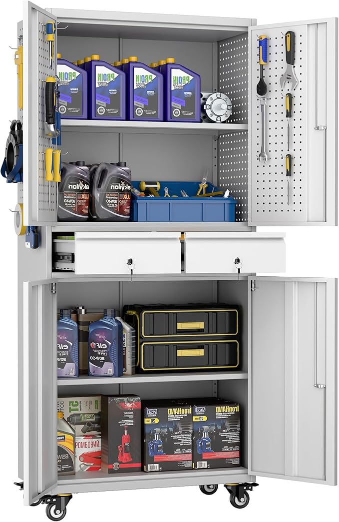 71" H Metal Garage Storage Cabinet with Wheels,Tool Storage Cabinet with Pegboard,2 Drawers and Lockable Doors for Garage, Warehouse,Home,Required Assembly,Grey and White